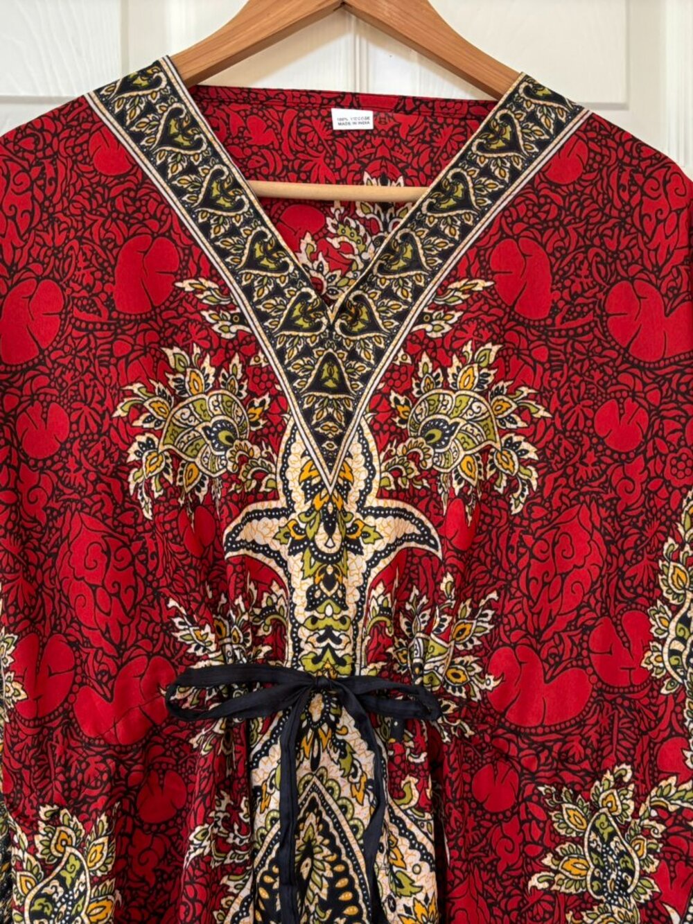 Women’s Long Colorful Red Multi-colored Print Tie Waist Kaftan One Size - Picture 4 of 7